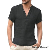 Blusa Moda Verão Algodão Linho Casual Camisetas Casuais Masculino de Manga Curta V-Collar Respirável Tee Button-up T S-5XL