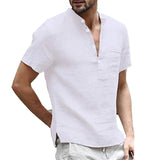 Blusa Moda Verão Algodão Linho Casual Camisetas Casuais Masculino de Manga Curta V-Collar Respirável Tee Button-up T S-5XL